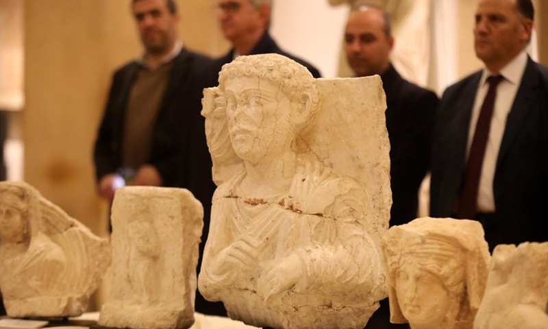 Photo shows five Palmyra artifacts handed over to the Syrian Embassy in Lebanon at the Lebanese National Museum in Beirut, Jan. 20, 2022.(Photo: Xinhua)