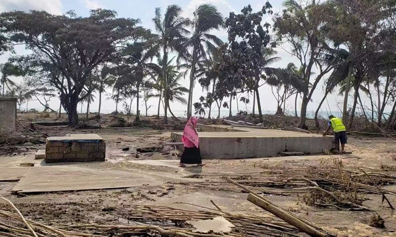Photo taken on Jan. 19, 2022 shows a beach resort hit by tsunami on the outskirts of Nuku'alofa, capital of Tonga.(Photo: Xinhua)