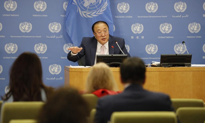 Chinese Ambassador to the United Nations (UN) Zhang Jun speaks during a press conference at the UN headquarters in New York, the United States, May 3, 2021.Photo:Xinhua