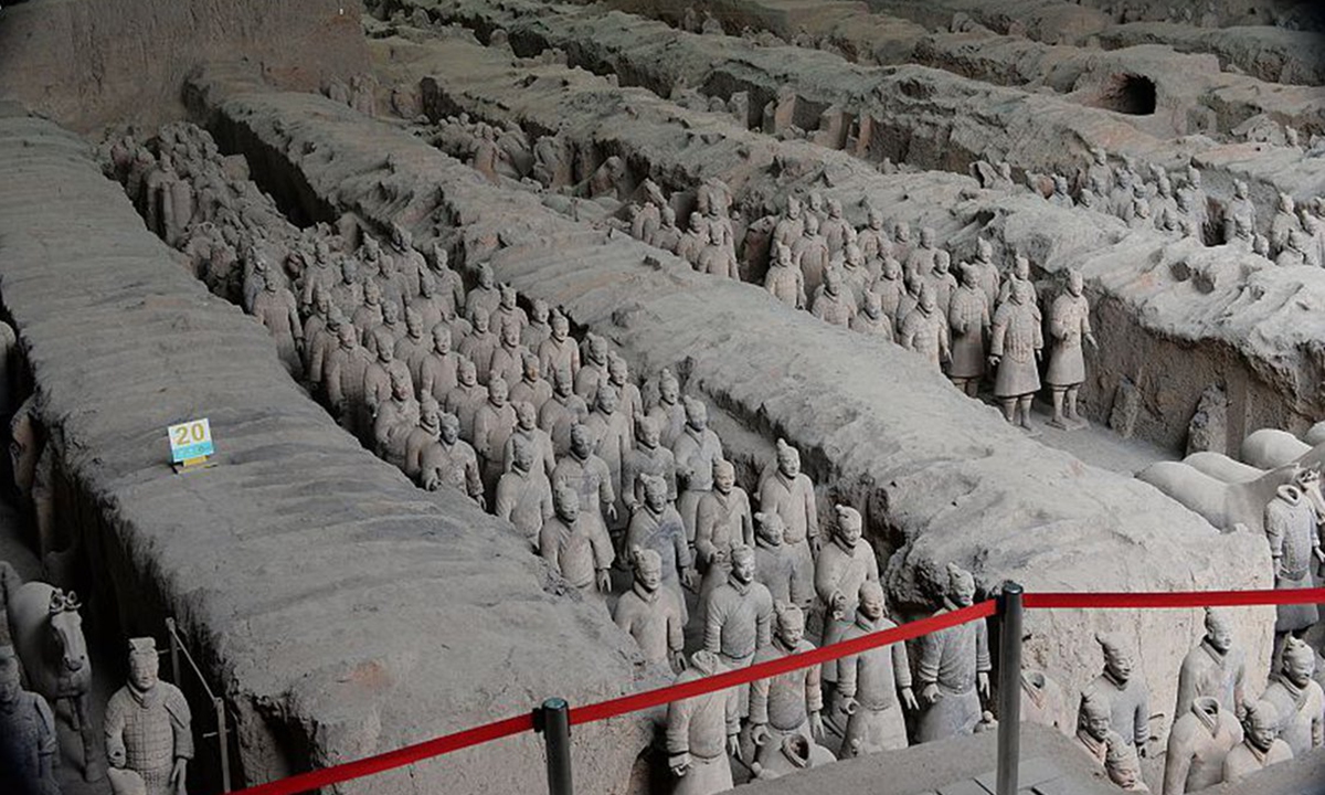 Mausoleum of the First Qin Emperor (1987)<br><br><br><br>


On the foothills of Lishan Mountain, 35 kilometers northeast of Xi'an, capital of Northwest China's Shaanxi Province, the famed terra cotta army is seated. The terra cotta warriors are unique and incomparable burial objects for China's first feudal Emperor Qinshihuang, the founder of China's first collective sovereign Qin Dynasty. The mausoleum was found in 1974 and inscribed on the World Cultural Heritage list in 1987.