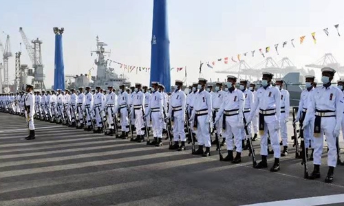 The Pakistan Navy holds an induction ceremony for the PNS Tughril, the first of four Type 054A/P frigates built by China, at the Pakistan Navy Dockyard in Karachi on January 24, 2022. Photo: Courtesy of the Pakistan Navy