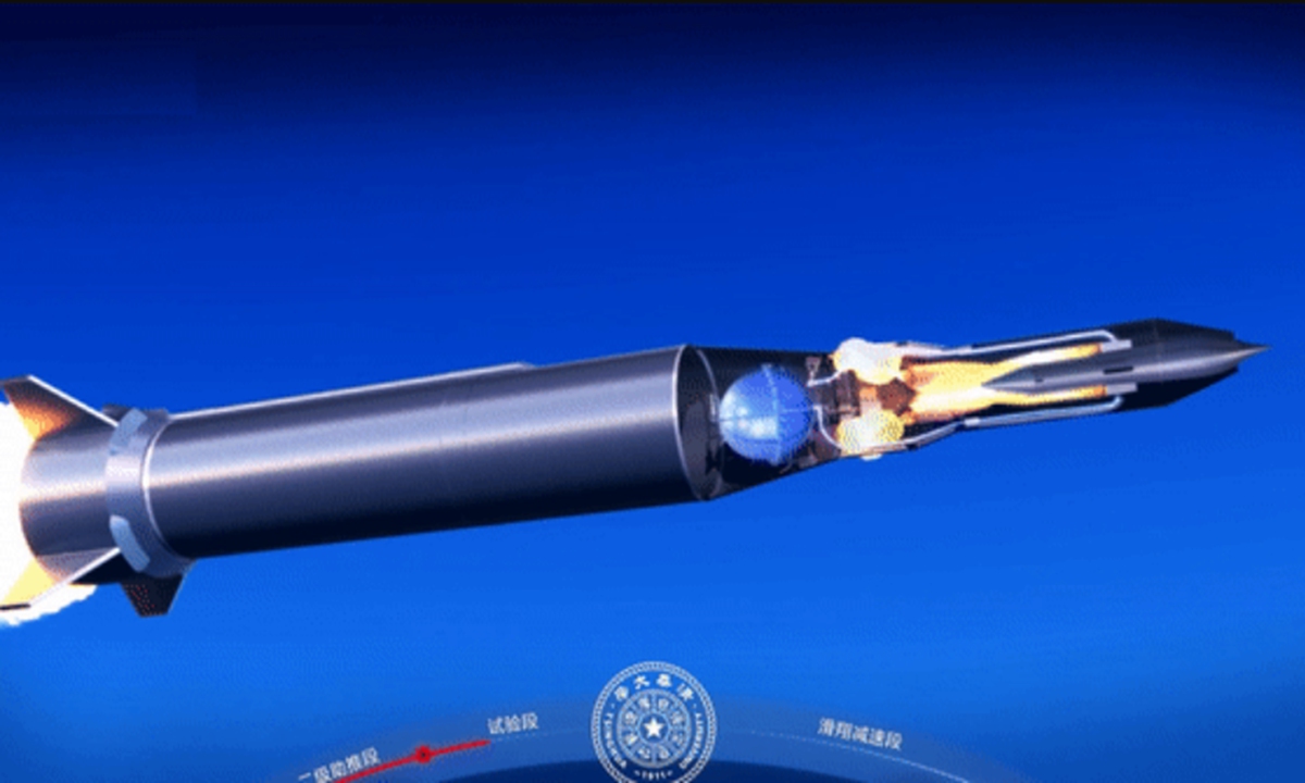 A new engine independently developed by China conducts a test flight on January 24, 2022. The engine was sent to a predetermined height and velocity by a two-stage rocket booster, before it started to breathe in air, ignite its combustion chamber, and provide constant thrust, marking the success of the test. Photo: Screenshot from China Central Television
