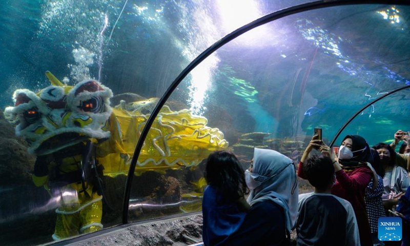 Divers perform lion dance under water in celebration of the upcoming Chinese Lunar New Year at Sea World Ancol in Jakarta, Indonesia, Jan. 24, 2022.(Photo: Xinhua)