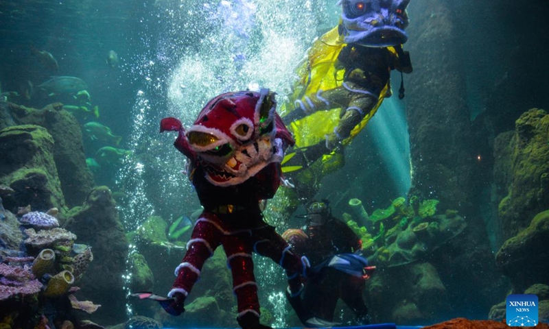 Divers perform lion dance under water in celebration of the upcoming Chinese Lunar New Year at Sea World Ancol in Jakarta, Indonesia, Jan. 24, 2022.(Photo: Xinhua)