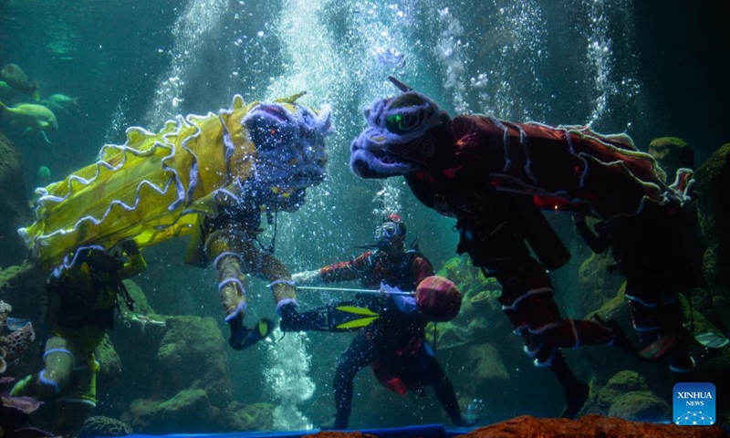 Divers perform lion dance under water in celebration of the upcoming Chinese Lunar New Year at Sea World Ancol in Jakarta, Indonesia, Jan. 24, 2022.(Photo: Xinhua)