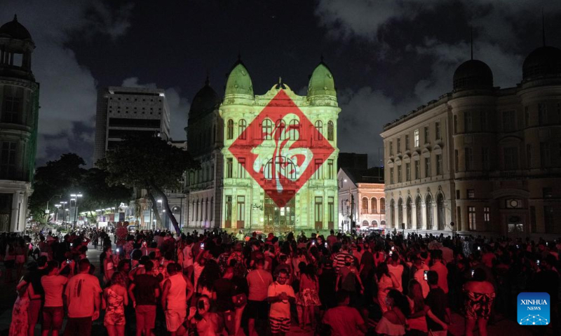 Photo taken on Jan. 30, 2022 shows the scene of a light show celebrating the upcoming Chinese Lunar New Year and Beijing 2022 Winter Olympics in Recife, Brazil. (Xinhua/Wang Tiancong)
