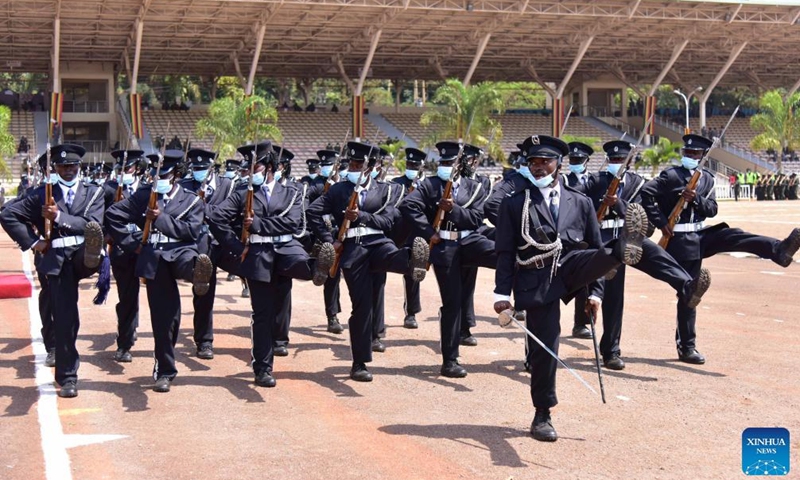 Ugandan police officers participate in a parade to mark the 36th anniversary of the Liberation Day at Kololo Independence Grounds in Kampala, Uganda, on Jan. 26, 2022.Photo:Xinhua