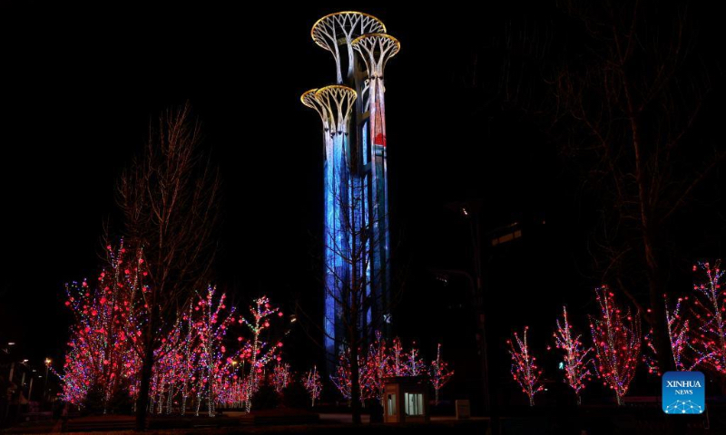 Photo taken on Jan. 29, 2022 shows a light show at the Beijing Olympic Tower in Beijing, capital of China. (Xinhua/Ding Xu)