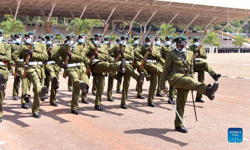 Ugandan police officers participate in a parade to mark the 36th anniversary of the Liberation Day at Kololo Independence Grounds in Kampala, Uganda, on Jan. 26, 2022.Photo:Xinhua
