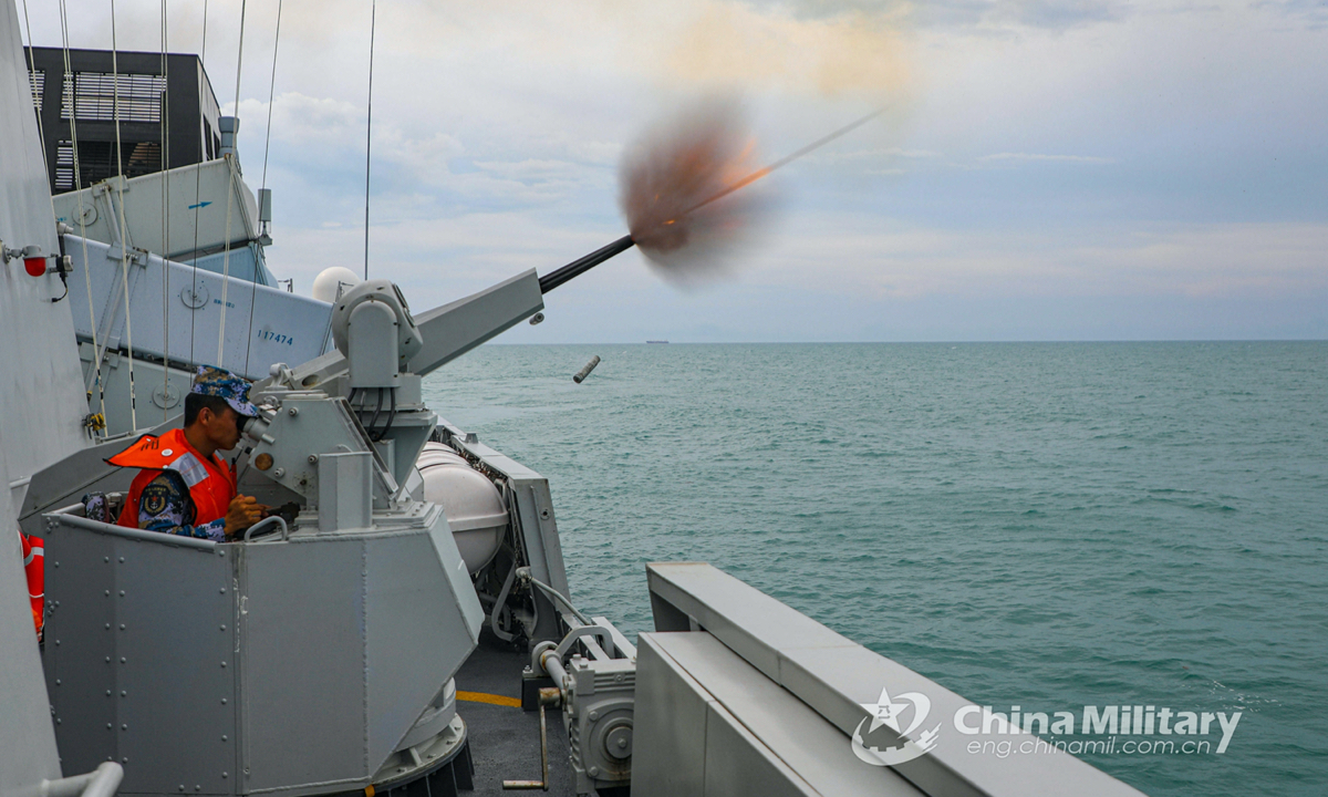 The guided-missile frigate Tongling (Hull 629) attached to a frigate flotilla with the navy under the PLA Southern Theater Command fires its close-in weapons system at mock targets during a maritime training exercise in mid-January, 2022. (eng.chinamil.com.cn/Photo by Li Zhengsong) 