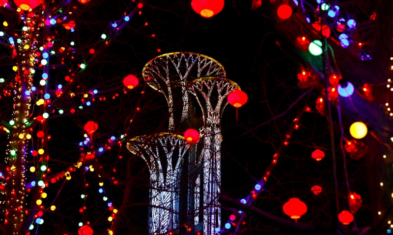 Photo taken on Jan. 29, 2022 shows a light show at the Beijing Olympic Tower in Beijing, capital of China. (Xinhua/Ding Xu)