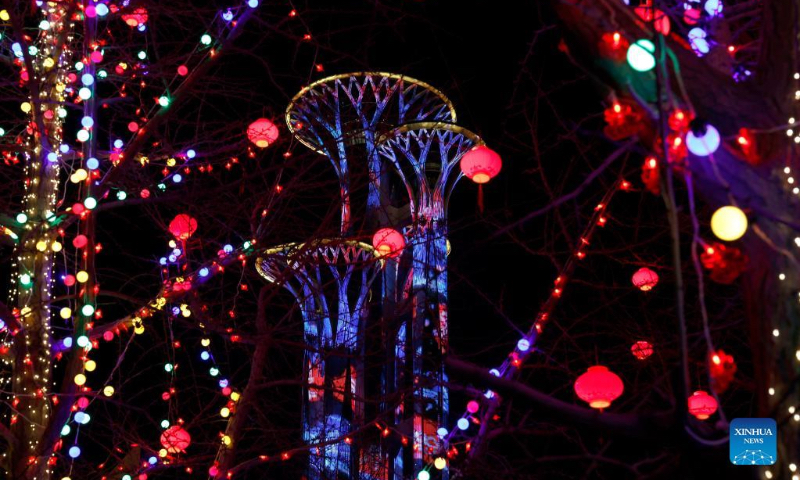 Photo taken on Jan. 29, 2022 shows a light show at the Beijing Olympic Tower in Beijing, capital of China. (Xinhua/Ding Xu)