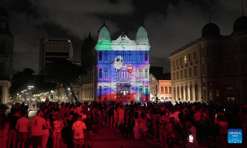 Photo taken on Jan. 30, 2022 shows the scene of a light show celebrating the upcoming Chinese Lunar New Year and Beijing 2022 Winter Olympics in Recife, Brazil. (Xinhua/Wang Tiancong)