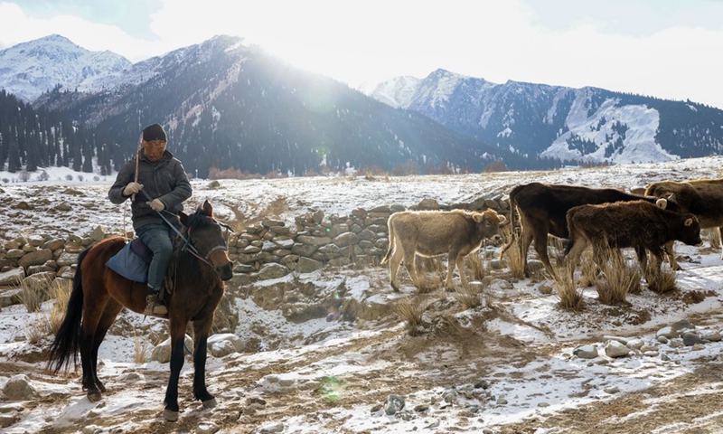 A herdsman rides on a horse in Akyaz Valley in Zhaosu County, Kazak Autonomous Prefecture of Ili, northwest China's Xinjiang Uygur Autonomous Region, Jan. 26, 2022.(Photo: Xinhua)