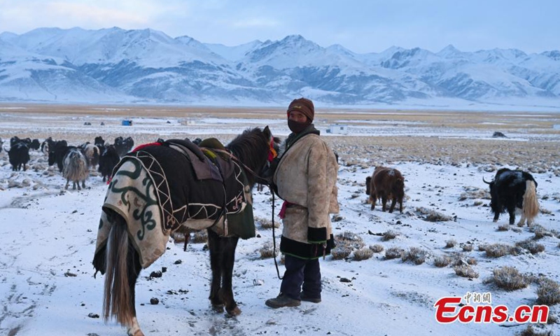 Herdsmen graze their livestock in the snow in Wuda village of Damxung county, southwest China's Tibet Autonomous Region, Jan. 27, 2022.Photo:China News Service