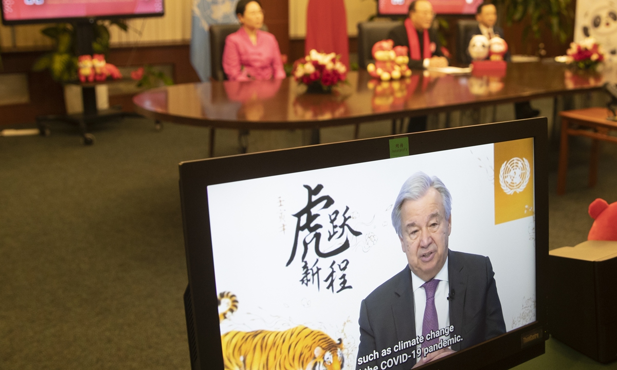 Antonio Guterres, Secretary-General of the UN, said the tiger's strength, vitality, courage, tenacity and boldness are qualities we need as we face unprecedented challenges, in a video address released by the UN on January 28, 2022. Photo: VCG