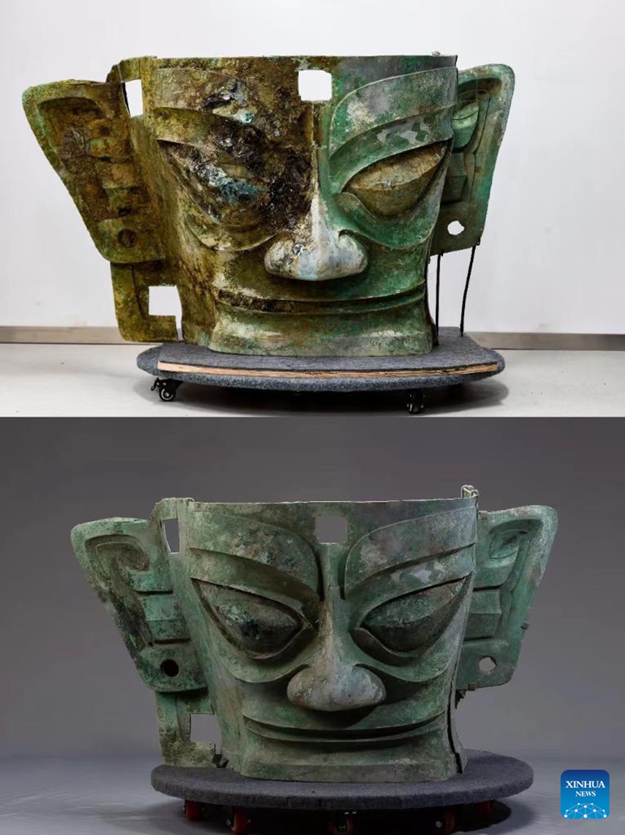Combo photo shows a bronze mask discovered at the No. 3 sacrificial pit of the Sanxingdui Ruins site in southwest China's Sichuan Province (top, photo taken on Sept. 3, 2021 by Wang Xi), and the repaird bronze mask (bottom, file photo provided by Sichuan Provincial Cultural Relics and Archaeology Research Institute & Sanxingdui Museum). The largest bronze mask unearthed from the legendary Sanxingdui Ruins site in Sichuan met the public at Monday's Spring Festival TV Gala.