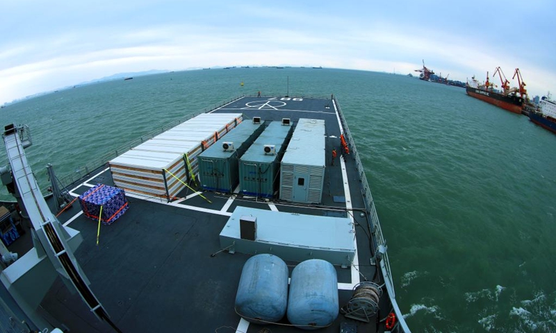A ship loaded with relief supplies departs from a port in Guangzhou, south China's Guangdong Province, for Tonga, Jan. 31, 2022. (Photo by Zhou Yancheng/Xinhua)