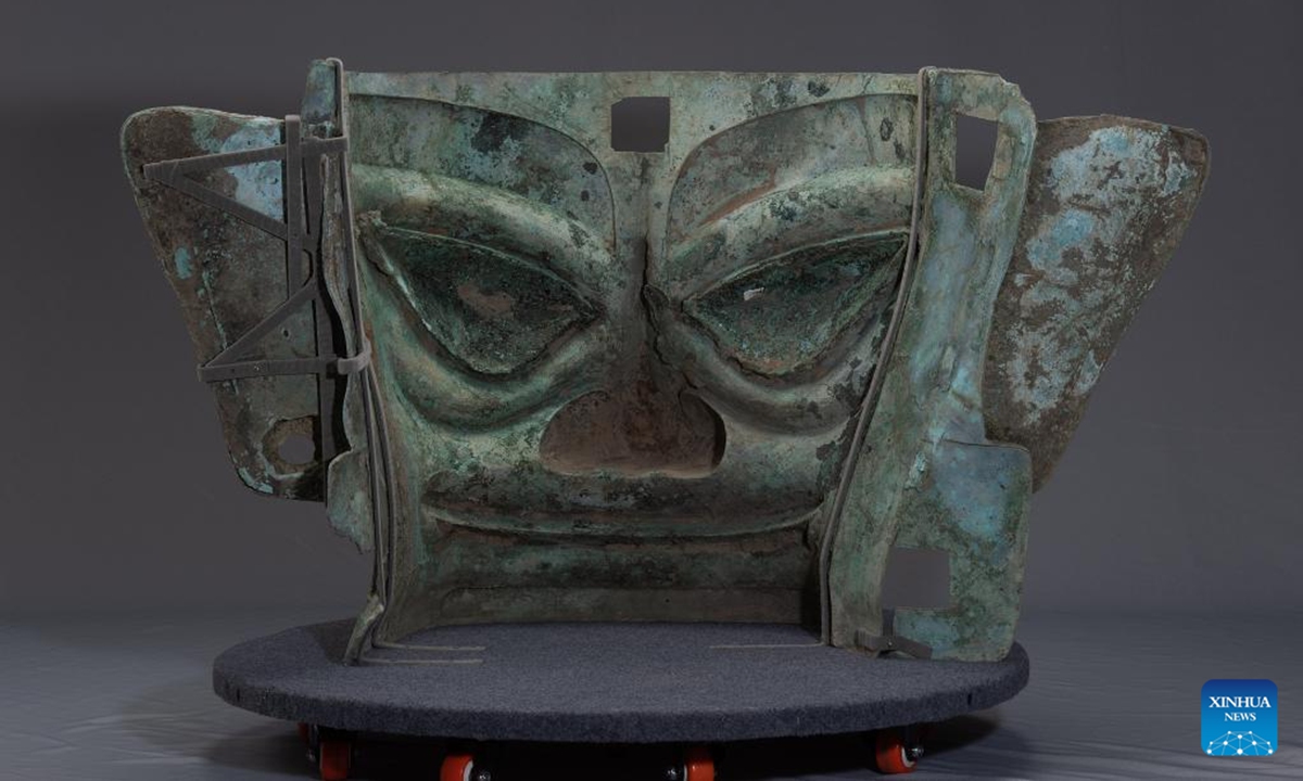 File photo shows a back view of the repaired bronze mask discoverd at the Sanxingdui Ruins site in southwest China's Sichuan Province. The largest bronze mask unearthed from the legendary Sanxingdui Ruins site in Sichuan met the public at Monday's Spring Festival TV Gala.(National Cultural Heritage Administration/Handout via Xinhua)