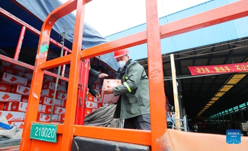 Traders unload radishes from a truck at Jiangqiao wholesale market in Shanghai on Feb. 2, 2022. Traders and staff members here are busy transporting vegetables from surrounding areas to ensure the supply of vegetables for local residents during the Spring Festival. (Xinhua/Fang Zhe)



