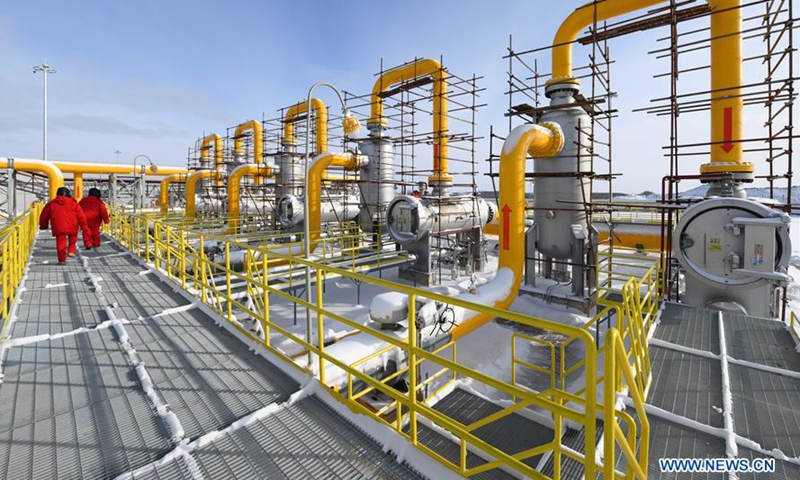 Staff members inspect the gas-distributing and compressing station of the China-Russia east-route natural gas pipeline in the city of Heihe, the first stop after the Russia-supplied natural gas enters China, northeast China's Heilongjiang Province, Nov. 19, 2019.Photo:Xinhua