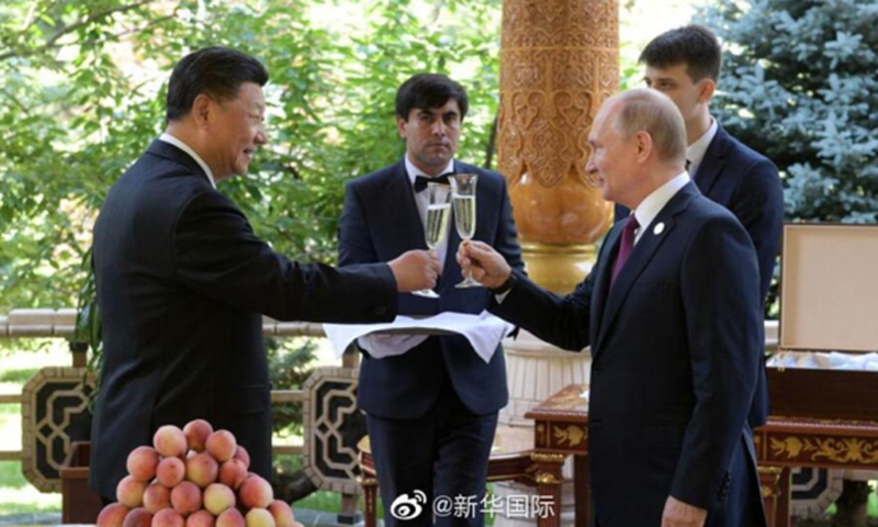 Russia President Vladimir Putin meets with Chinese President Xi Jinping and celebrates Xi's birthday in Dushanbe, capital city of Tajikistan, on June 15, 2019. Photo: Xinhua