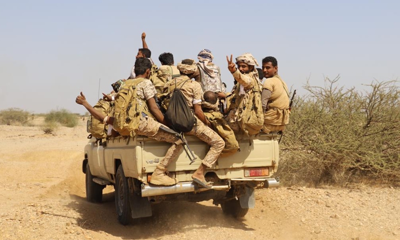 Members of Yemeni government forces are seen on a vehicle in Harad District, Hajjah Province, northwestern Yemen, on Feb. 4, 2022.Photo:Xinhua