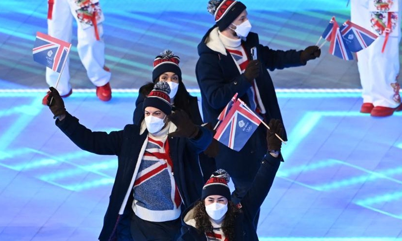 The Olympic delegation of Great Britain parade into the National Stadium during the opening ceremony of the Beijing 2022 Olympic Winter Games in Beijing, capital of China, Feb. 4, 2022. (Xinhua)