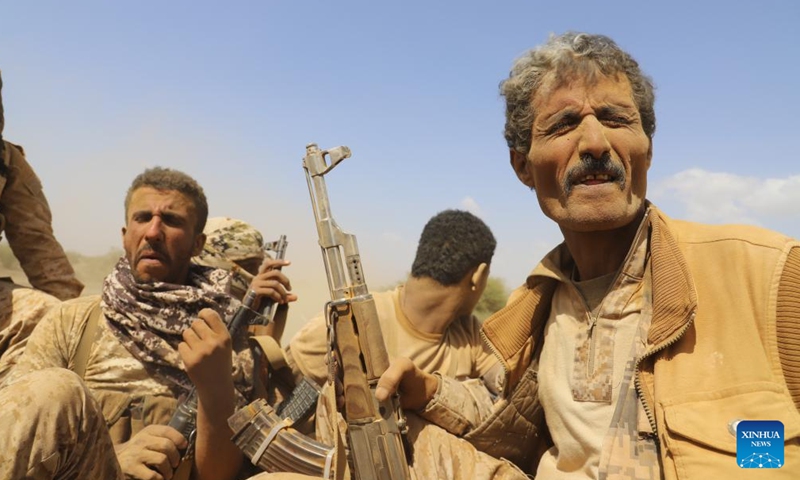 Members of Yemeni government forces are seen on a vehicle in Harad District, Hajjah Province, northwestern Yemen, on Feb. 4, 2022.Photo:Xinhua