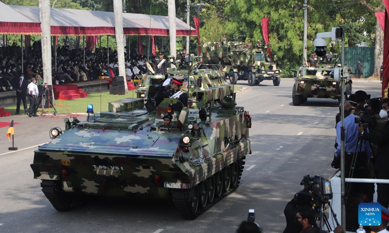 Military personnel take part in a parade during the Independence Day celebrations in Colombo, Sri Lanka, on Feb. 4, 2022.Photo:Xinhua