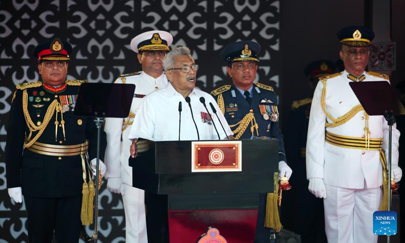 Sri Lankan President Gotabaya Rajapaksa (Front) speaks during the Independence Day celebrations in Colombo, Sri Lanka, on Feb. 4, 2022.Photo:Xinhua