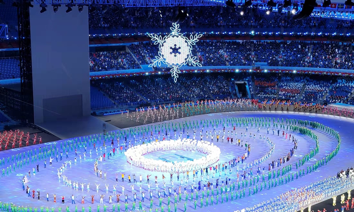 A total of 550,000 LED lamp beads form up the giant snow flake that holds the Olympic flame. Photo: Courtesy of BOE Technology Group Co.,which made the snow flake 