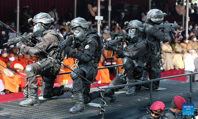 Military personnel take part in a parade during the Independence Day celebrations in Colombo, Sri Lanka, on Feb. 4, 2022.Photo:Xinhua