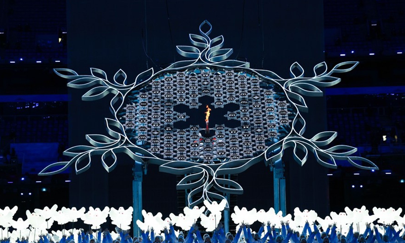 Photo taken on Feb. 4, 2022 shows a cauldron holding the Olympic flame during the opening ceremony of the Beijing 2022 Olympic Winter Games.(Photo: Xinhua)