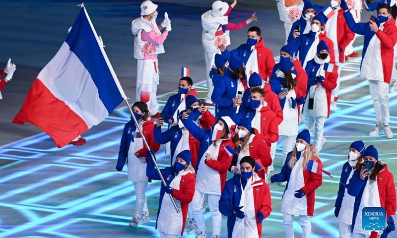 The Olympic delegation of France parade into the National Stadium during the opening ceremony of the Beijing 2022 Olympic Winter Games in Beijing, capital of China, Feb. 4, 2022. (Xinhua)