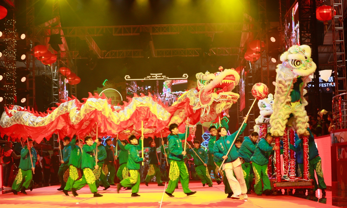 Performers celebrate the Chinese New Year in Macao on February 3, 2022. Photo: IC