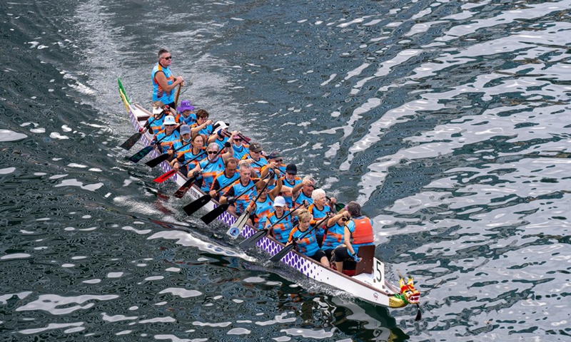 Dragon Boat teams are seen during the Dragon boat racing at Darling Harbour in Sydney, Australia, on Feb. 5, 2022.Photo:Xinhua