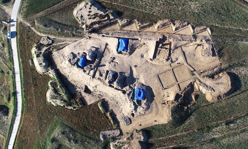 Aerial photo provided by the National Cultural Heritage Administration on Dec. 29, 2020 shows the excavation area of an ancient stone city site in north China's Inner Mongolia Autonomous Region.Photo:Xinhua