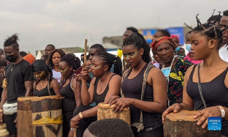 Photo taken on Feb. 4, 2022 shows women playing drums at the Amani music festival held in Goma, northeastern Democratic Republic of the Congo (DRC).Photo;Xinhua