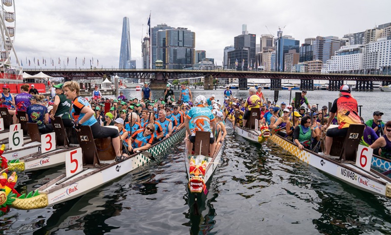 Dragon Boat teams are seen during the Dragon boat racing at Darling Harbour in Sydney, Australia, on Feb. 5, 2022.Photo:Xinhua