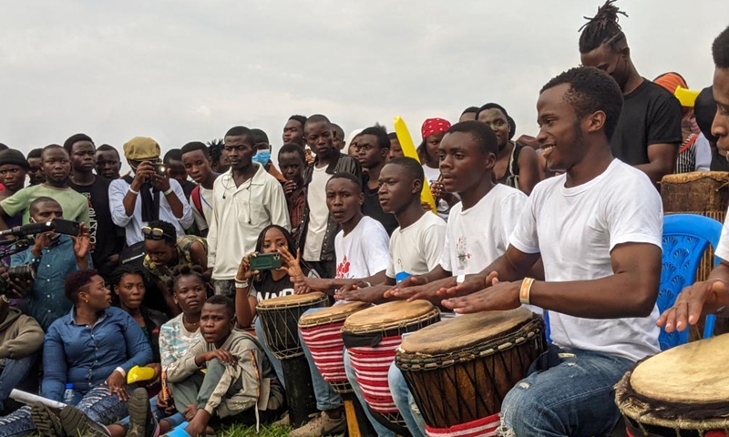 Photo taken on Feb. 4, 2022 shows music lovers playing drums at the Amani music festival held in Goma, northeastern Democratic Republic of the Congo (DRC).Photo;Xinhua