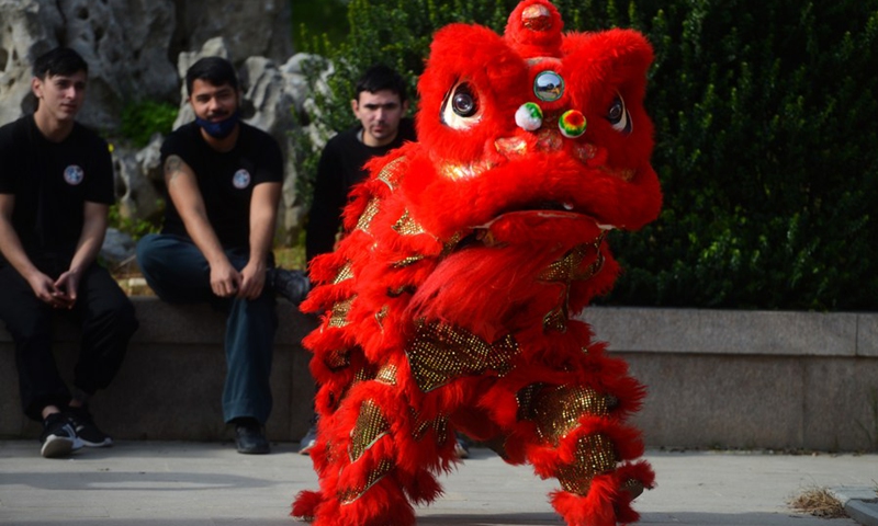 Students from the Malta School of Wushu-Longgui perform lion dance in the Garden of Serenity, a traditional Chinese garden, in Santa Lucija, Malta, on Feb. 6, 2022.(Photo: Xinhua)