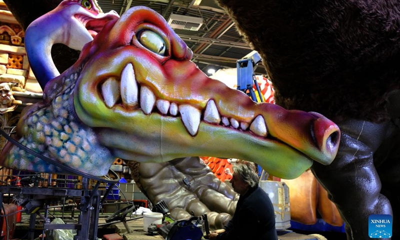 People work during preparations of floats for the upcoming 2022 Nice Carnival in Nice, France, on Feb. 8, 2022. The 2022 Nice Carnival will be held from Feb. 11 to Feb. 27.Photo:Xinhua