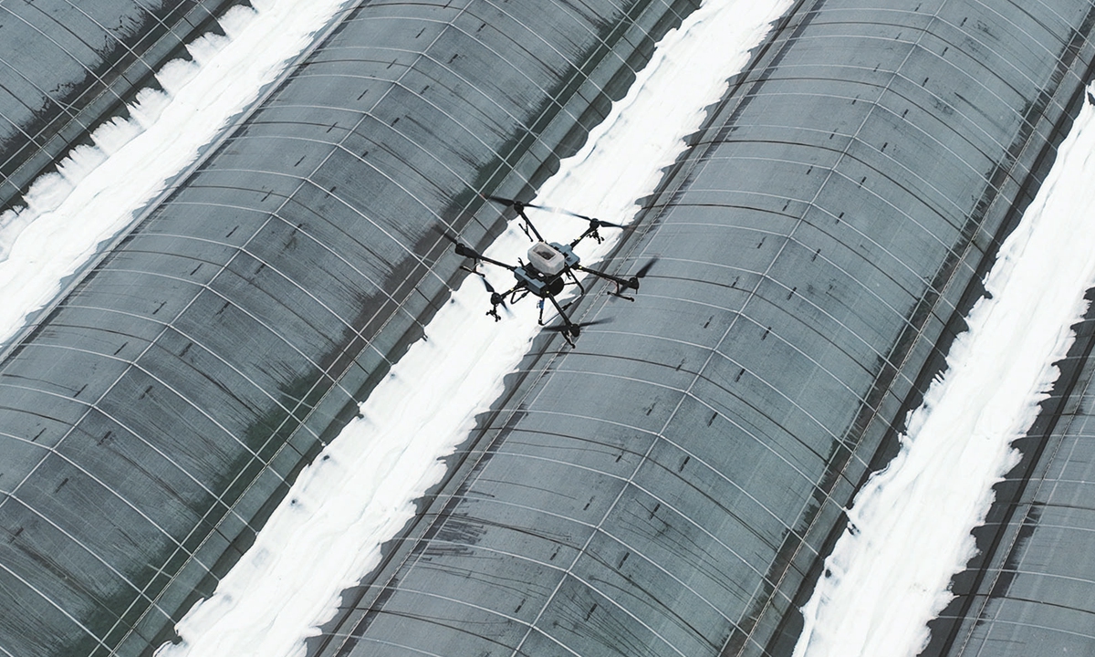A drone sprays snowmelt agent on planting bases to prevent damage and help growers reduce their losses from snowy weather in Ruichang, East China's Jiangxi Province on February 9, 2022. Photo: cnsphoto 