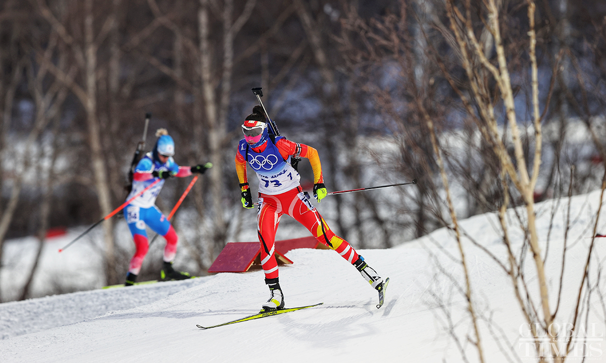 Chu Yuanmeng, Meng Fanqi, Tang Jialin and Ding Yuhuan finished 35th, 47th, 59th and 81st respectively in the women's 15km individual biathlon held at the National Biathlon Center on February 7, 2022 in Zhangjiakou, China. Photo: Cui Meng/GT