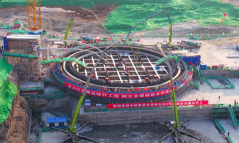 The first tank of concrete is poured at the construction site of the nuclear island reactor of Unit 8 of the Tianwan Nuclear Power Plant in Lianyungang, East China's Jiangsu Province, on February 25, 2022. Photo: VCG
