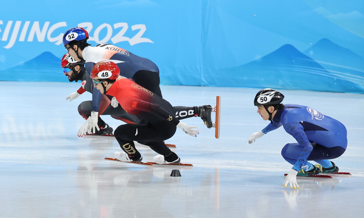 Wu Dajing competes in the men's 500 meters short track speed skating on February 13, 2022. Photo: Li Hao/Global Times