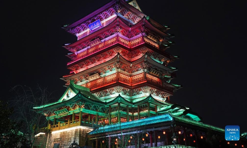 Photo taken on Feb. 12, 2022 shows the light installations for the upcoming Latern Festival at the Tengwang Pavilion scenic spot in Nanchang, capital of east China's Jiangxi Province. The Lantern Festival, the 15th day of the first month of the Chinese lunar calendar, falls on Feb. 15 this year, which features family reunions, feasts, light shows and various cultural activities. (Xinhua/Wan Xiang)