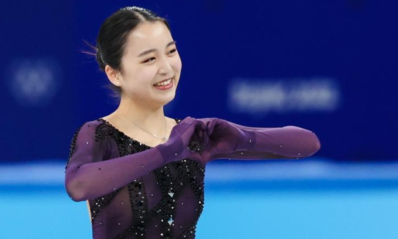 Zhu Yi of China reacts during the figure skating women single skating short program at Capital Indoor Stadium in Beijing, capital of China, February 15, 2022. Photo: Xinhua/Cao Can