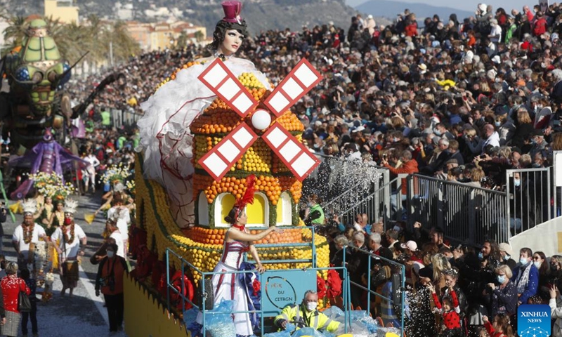 People watch a parade during the 2022 edition of Lemon Festival in Menton, France, Feb. 13, 2022.Photo:Xinhua